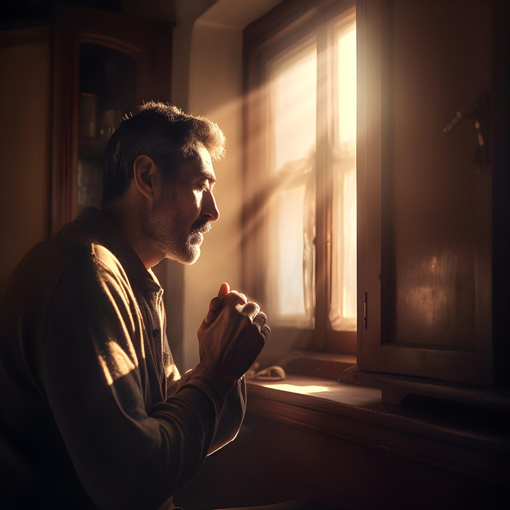 ai generated, man, praying, window, golden light, cinematic lighting, soft lighting, hands up, portrait, silence, praying alone, praying, praying, praying, praying, praying